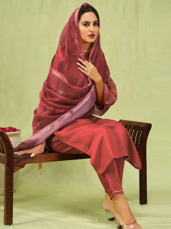 VP 9587 P Sweety Women’s Viscose Roman Silk Embroidery Straight Kurta Pant with Dupatta Set